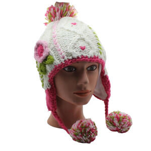 Girls’ Chaos Pause Knit Earflap Hat with Pom Poms and Tassels Fits Sizes 4-6X